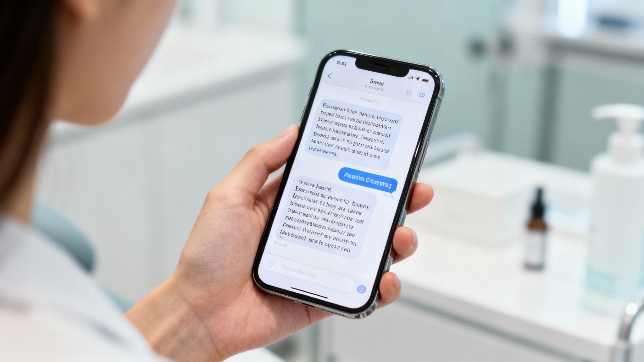 Aesthetic customer interacting with a text message on their phone.