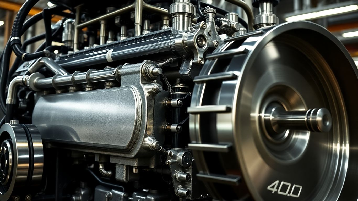 Modern engine with intricate metal components and industrial lighting.