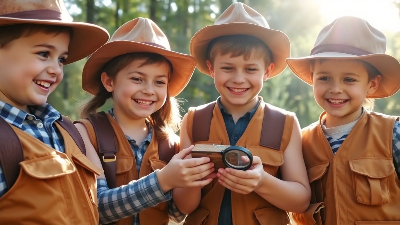 Children enjoying explorer-themed birthday gifts outdoors.