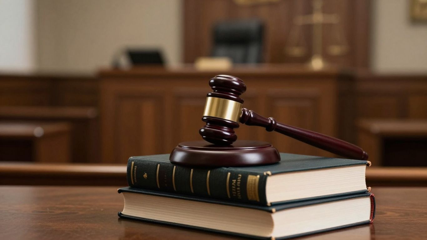 Gavel on law books in a courtroom.