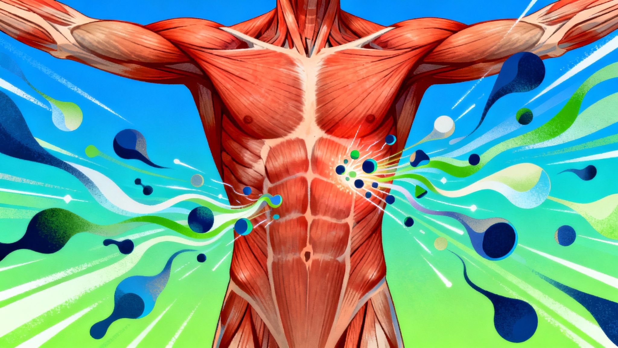 Muscle fibers with abstract shapes representing EAAs flowing around them.