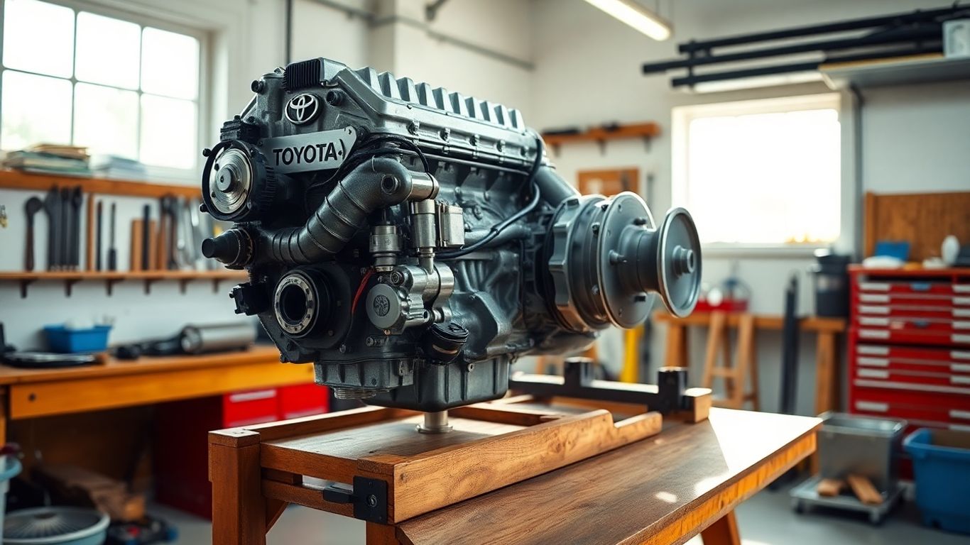 Toyota engine and gearbox in a workshop