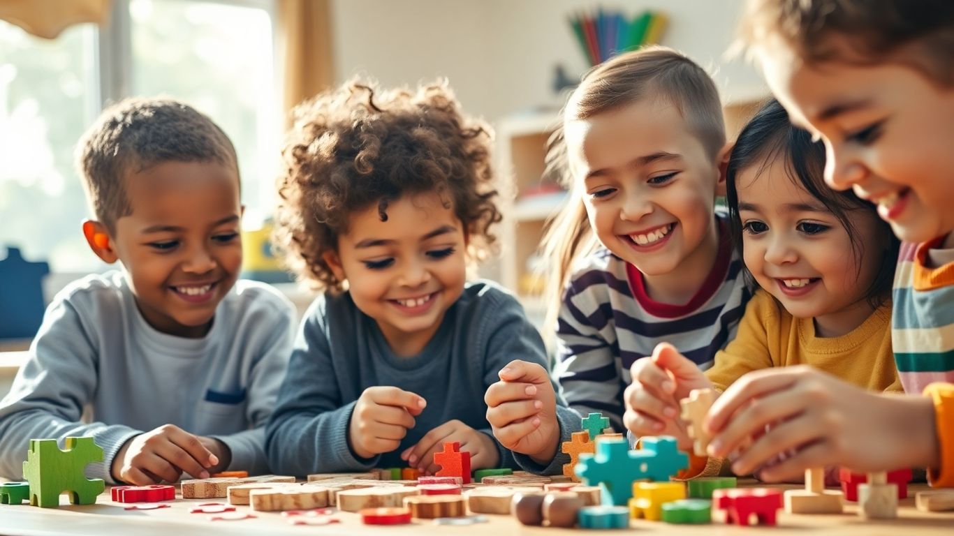 Kindergarten kids playing with educational Christmas puzzles.