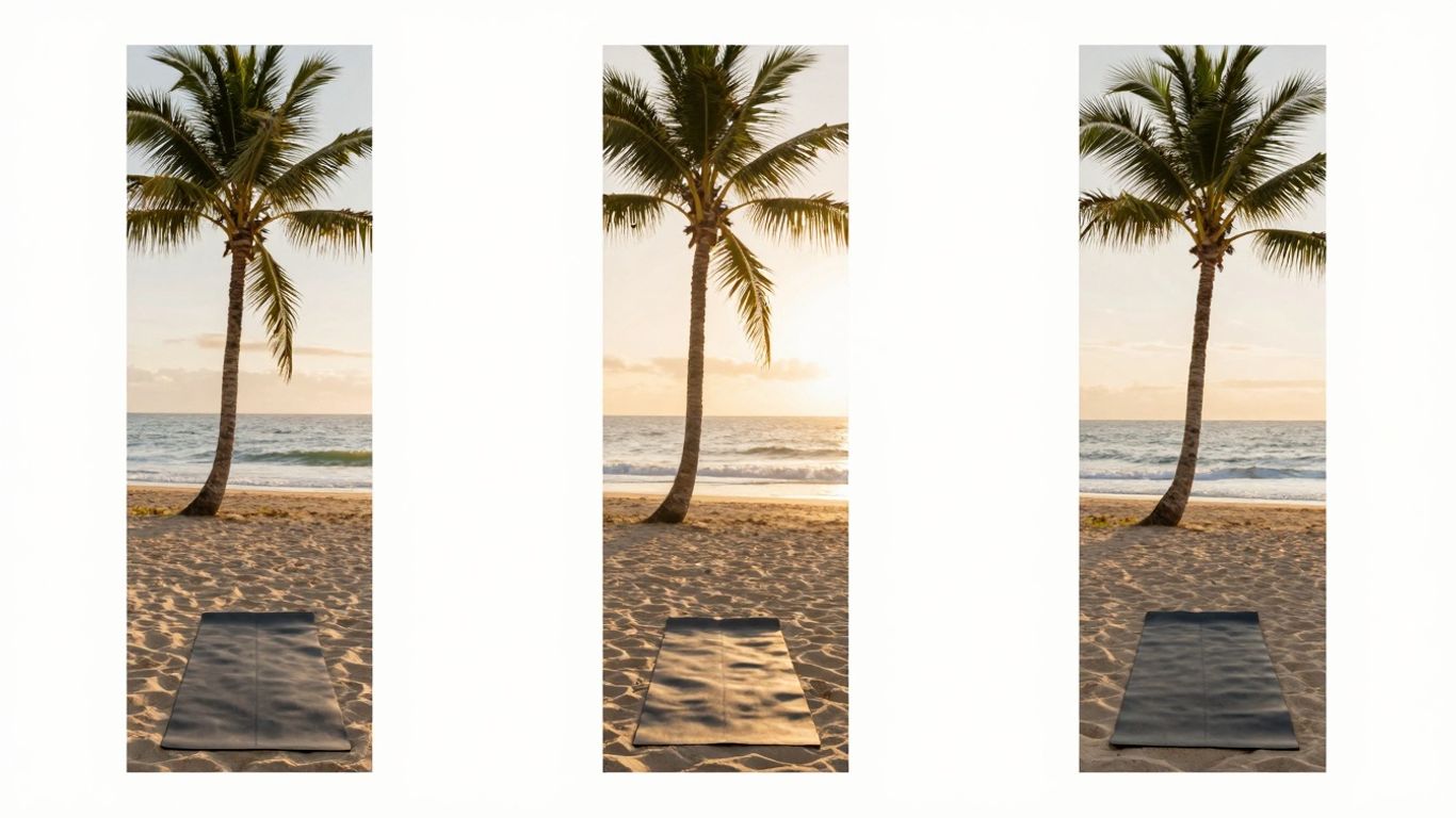 Serene beach yoga at sunrise with palm trees and ocean.