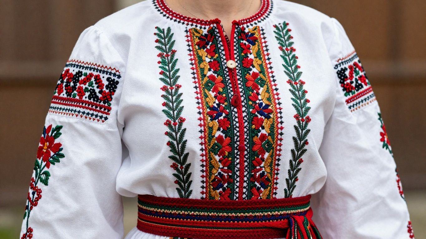 Costum popular românesc cu broderii bogate și culori vii.