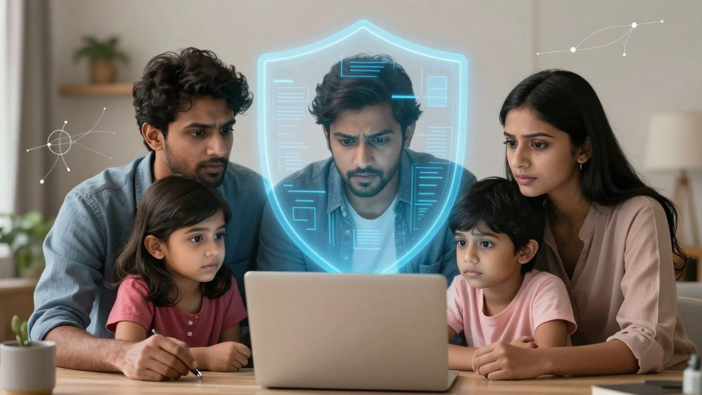 Family using laptop with digital security shield.