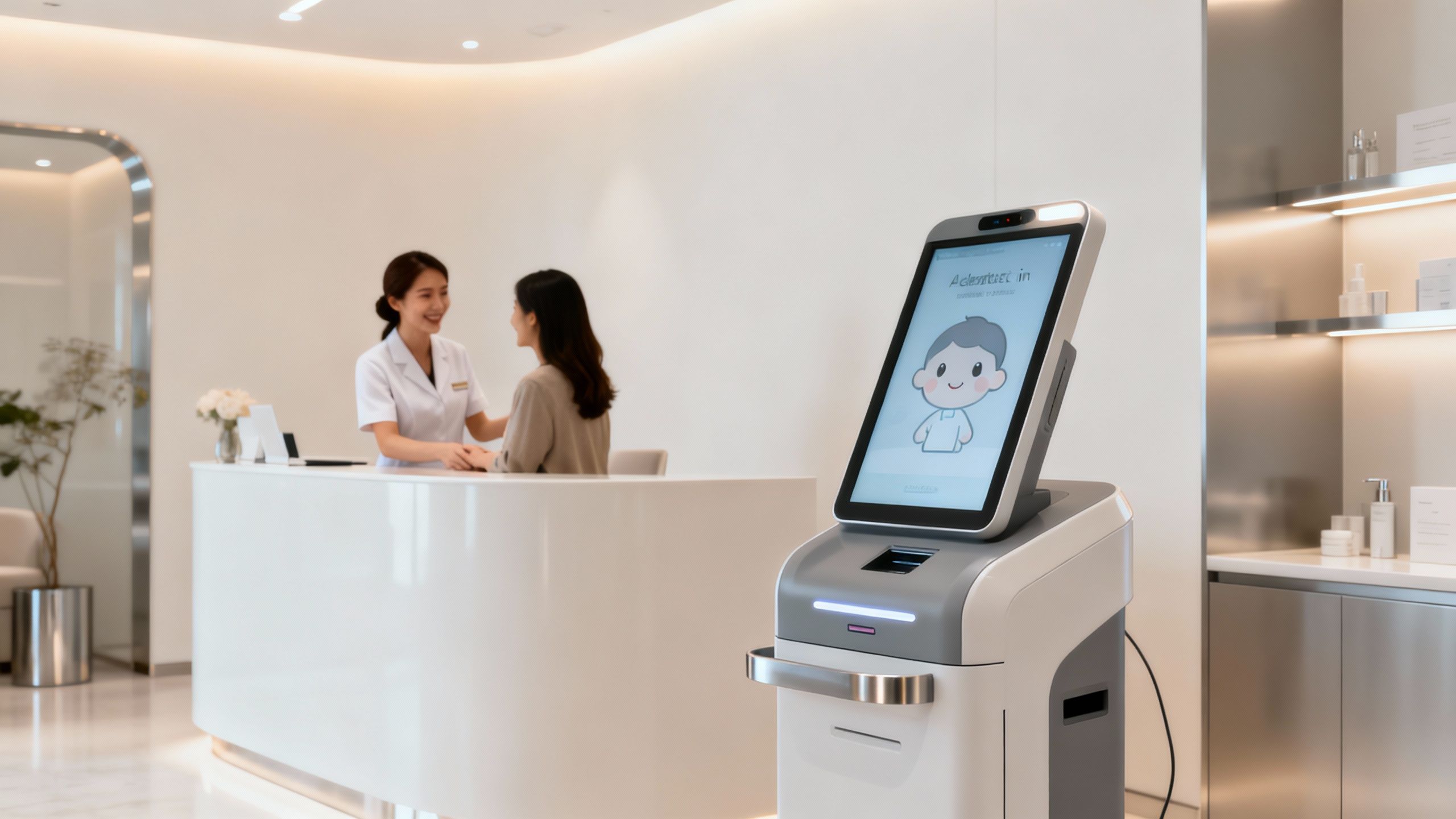Automated check-in kiosk in a modern aesthetics clinic.