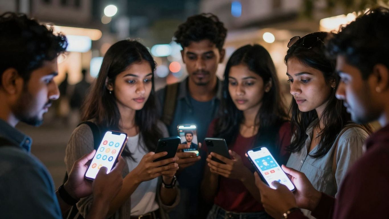 Oameni uitându-se la ecranele telefoanelor cu influenceri.