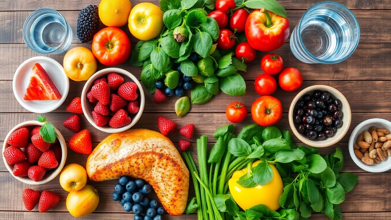 Masa cu fructe, legume și proteine pentru un plan sănătos.