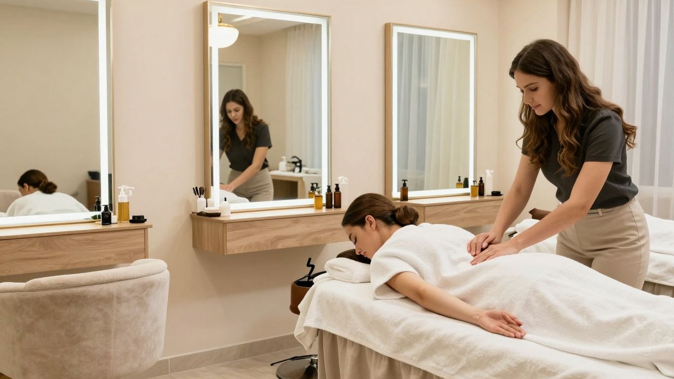 Elegant beauty salon interior with clients receiving treatments.