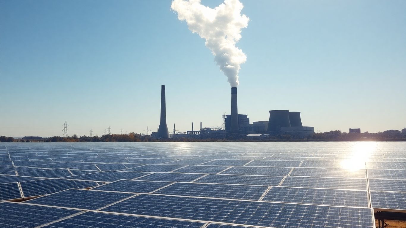 Panneaux solaires et centrale à charbon fumante côte à côte.