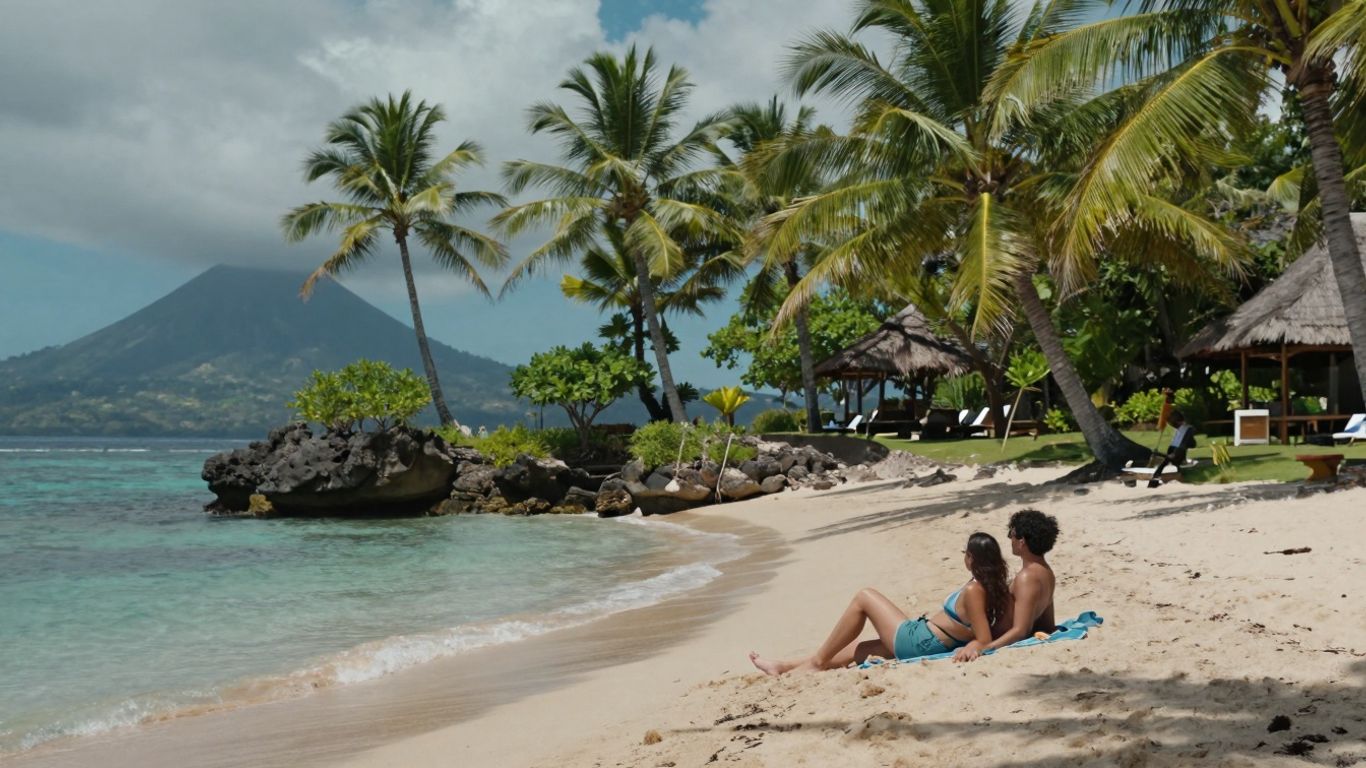 Couple relaxing on a serene Bali beach with palm trees.