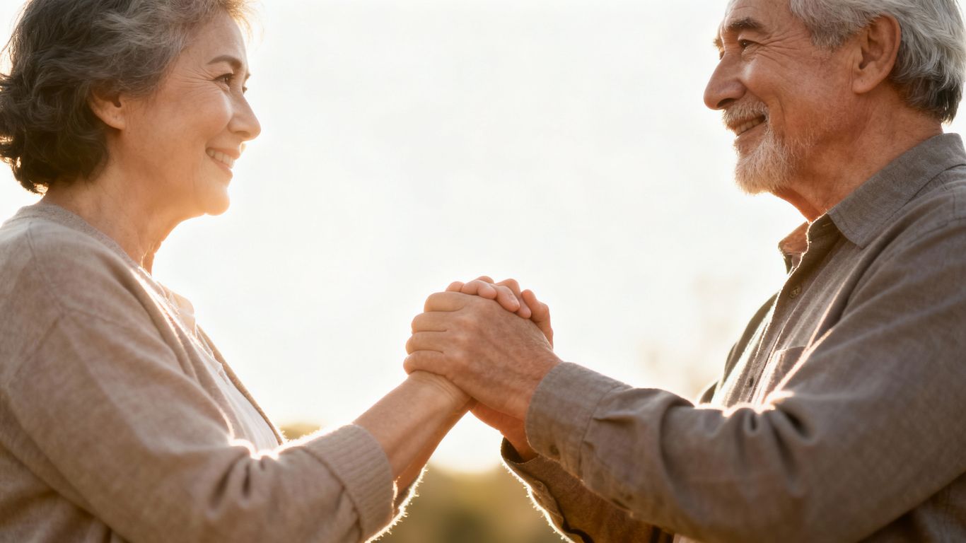 Older couple holding hands, planning for the future.