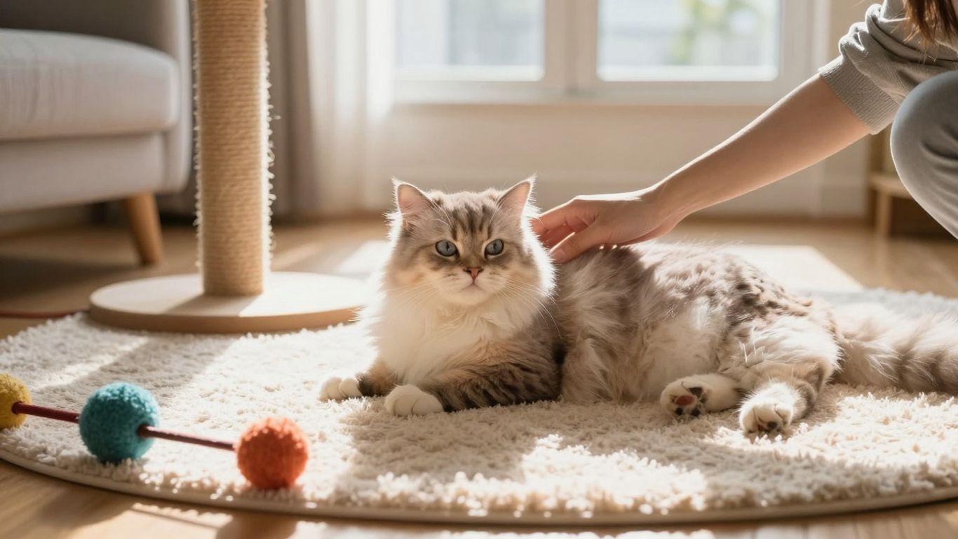 Cat relaxing in a sunlit room with human interaction.