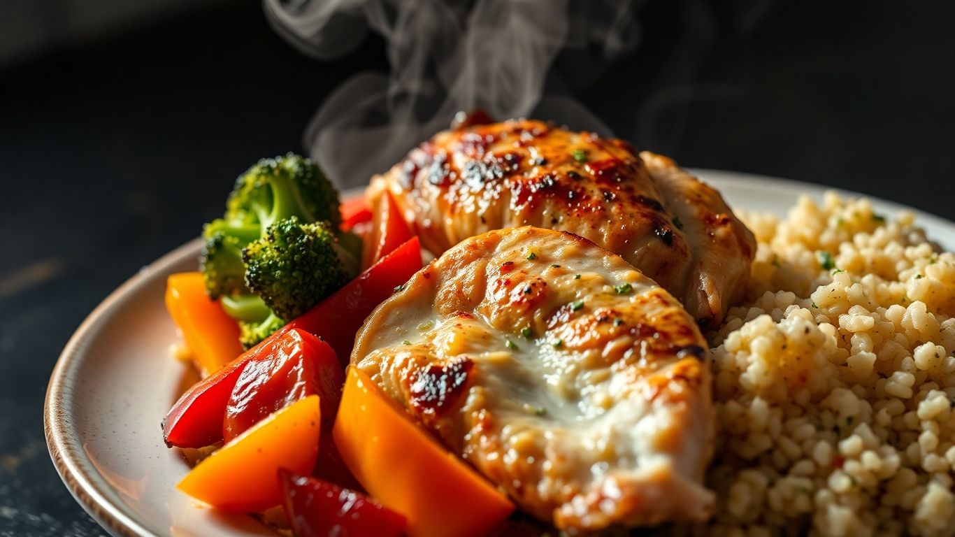 Hearty high-protein dinner with chicken, vegetables, and quinoa.