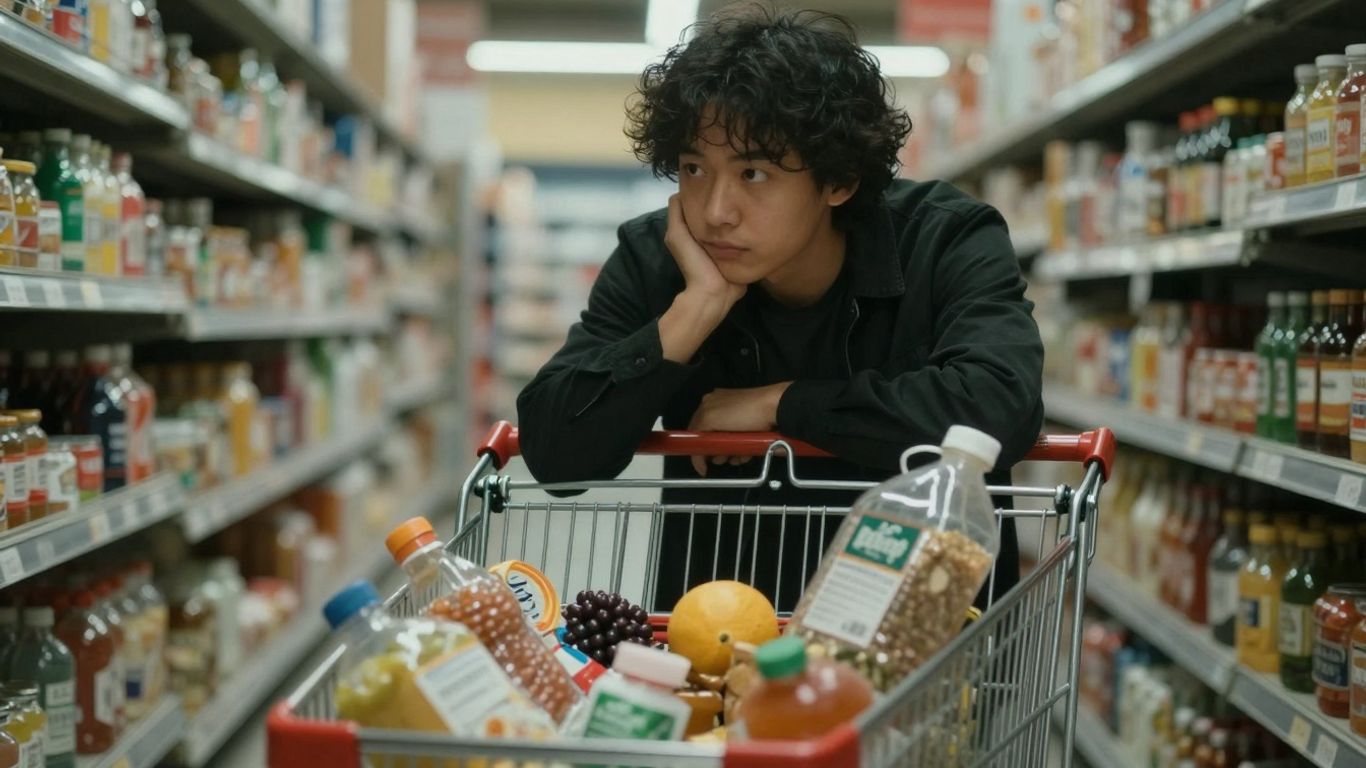Consumator cu coș de cumpărături în fața rafturilor de magazin.