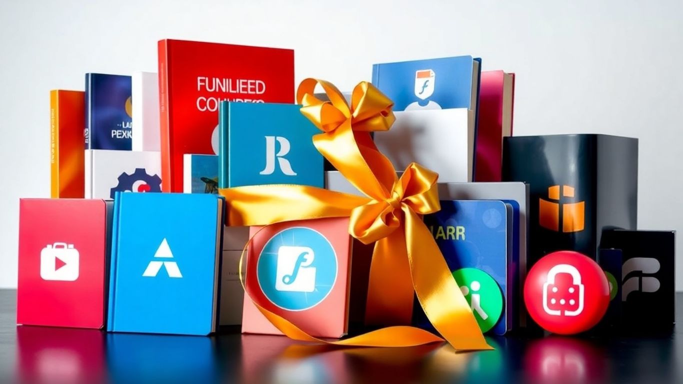 Virtual bundles of digital products with a golden ribbon.