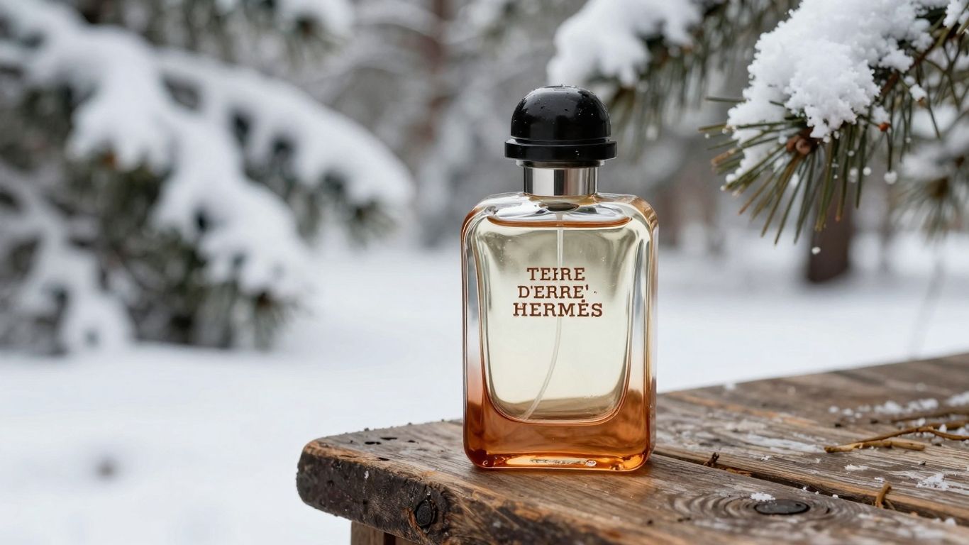 Hermès Terre d’Hermès perfume bottle in a winter setting.