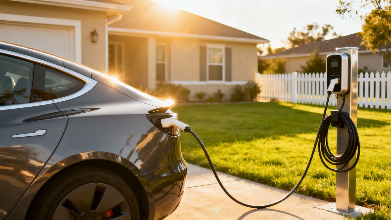 Electric car charging at a home charging station.