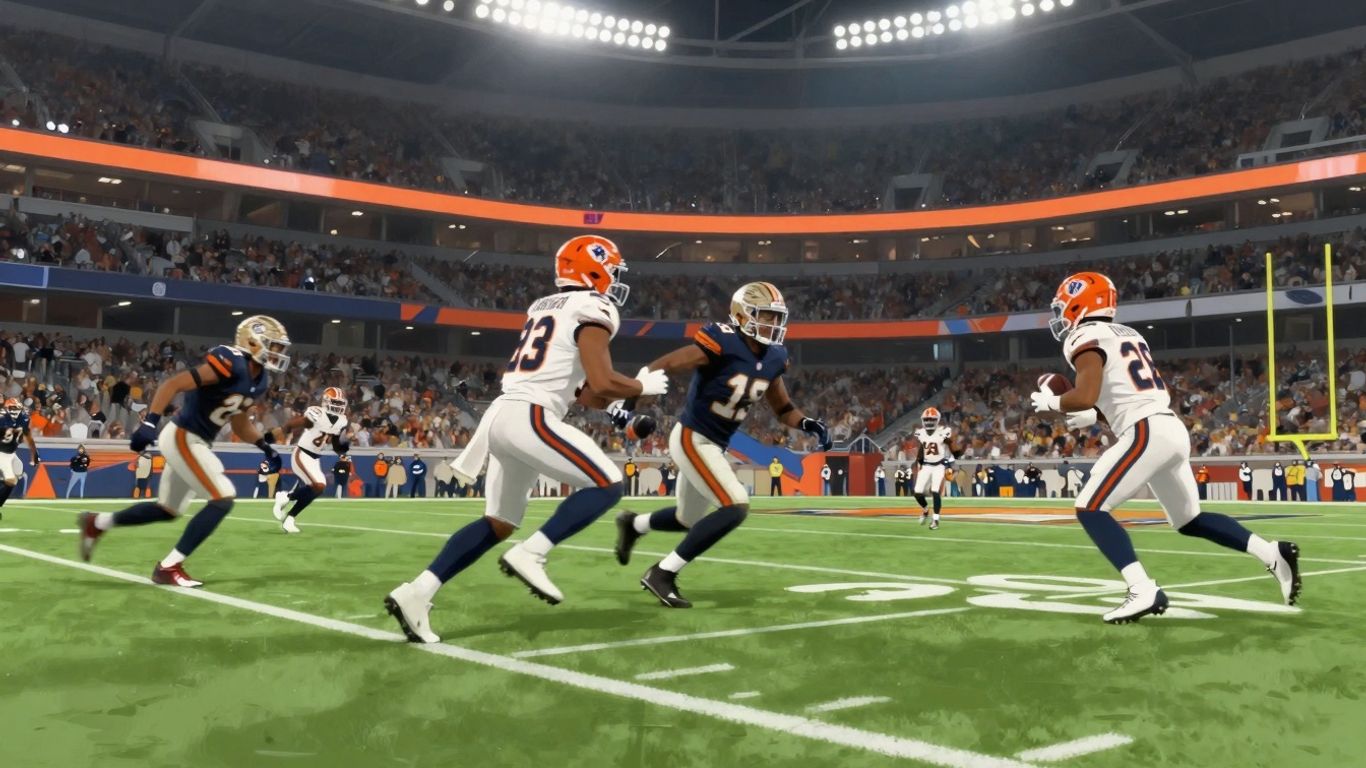 NFL game action on a brightly lit stadium field.