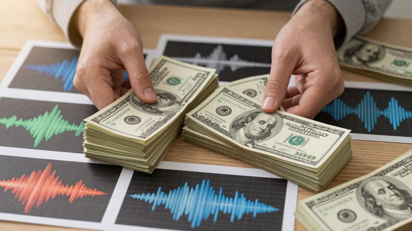 Producer pricing beats with money and sound waves.