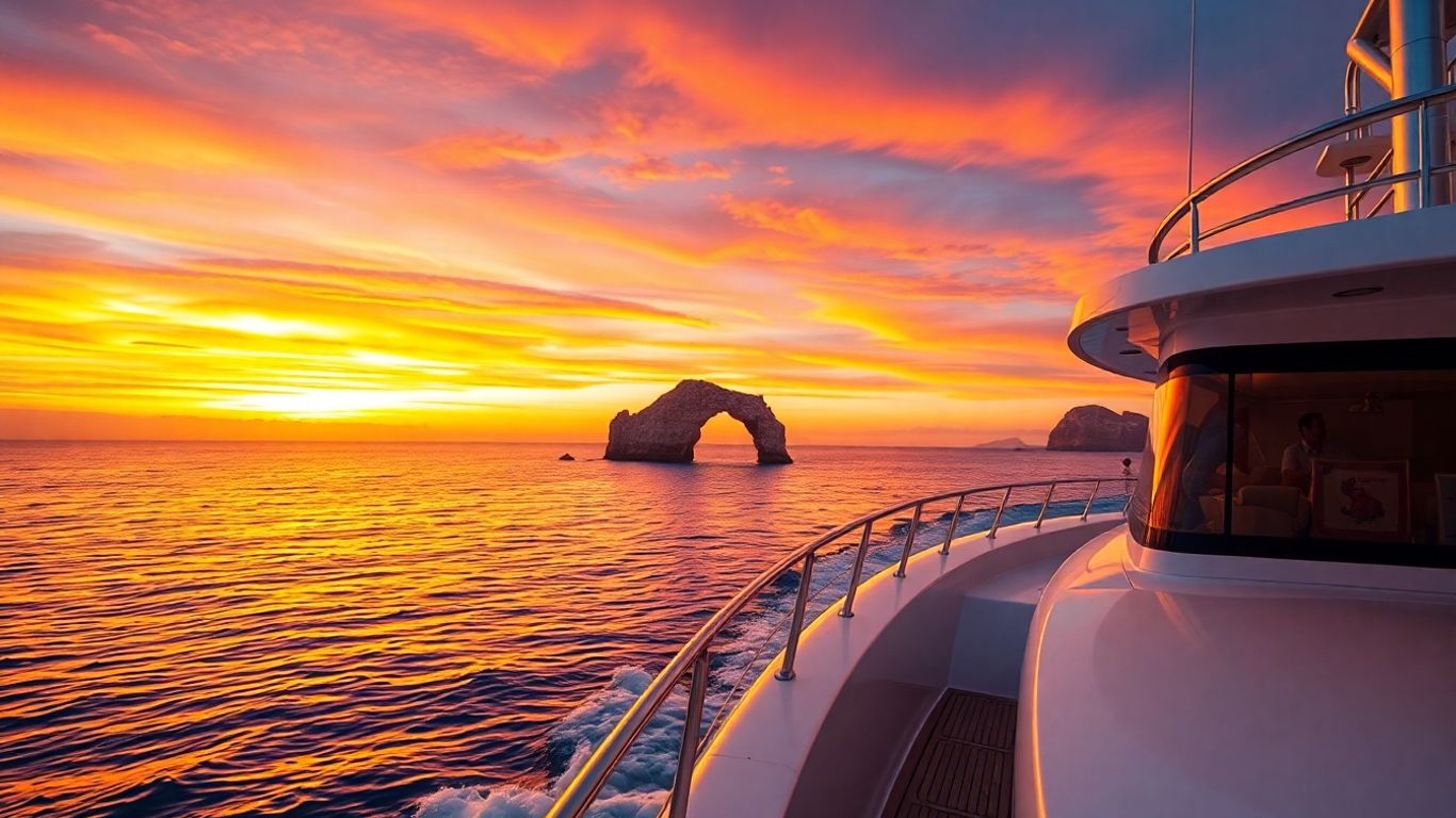 Luxury yacht sailing Cabo waters at sunset near Arch.
