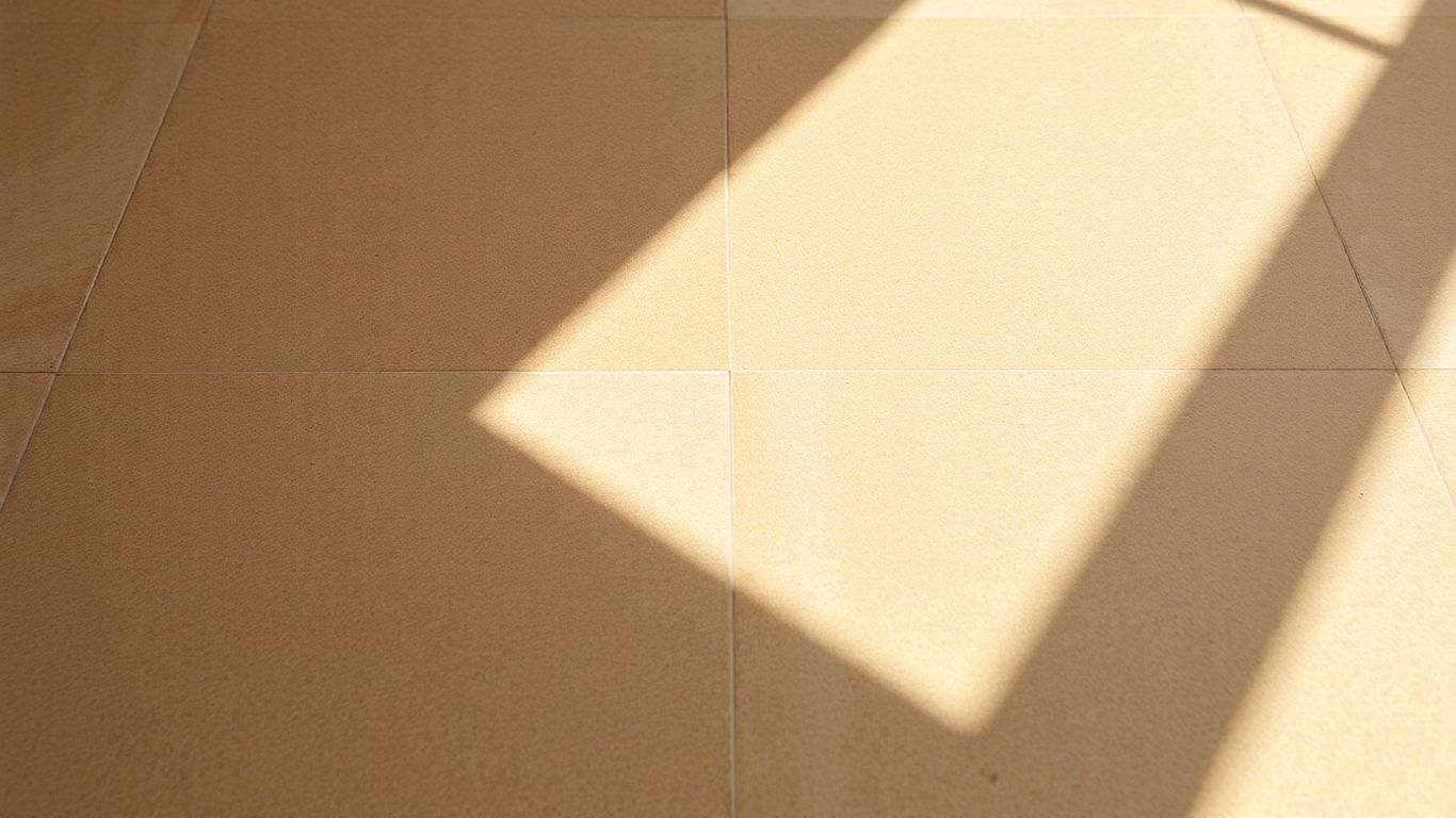 Porcelain tile floor with a travertine appearance.