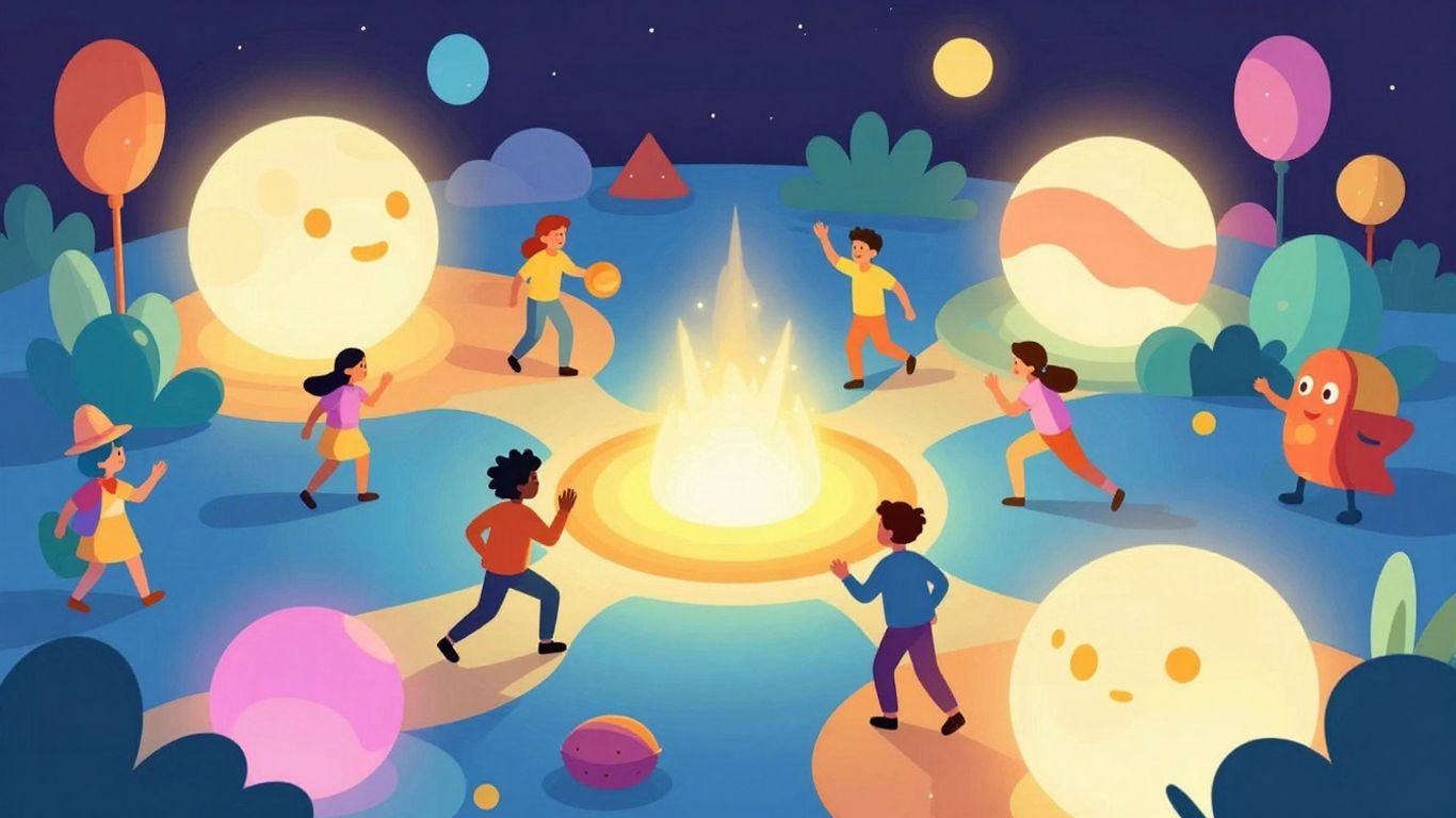 Abstract shapes and characters in a playful, game-like scene.