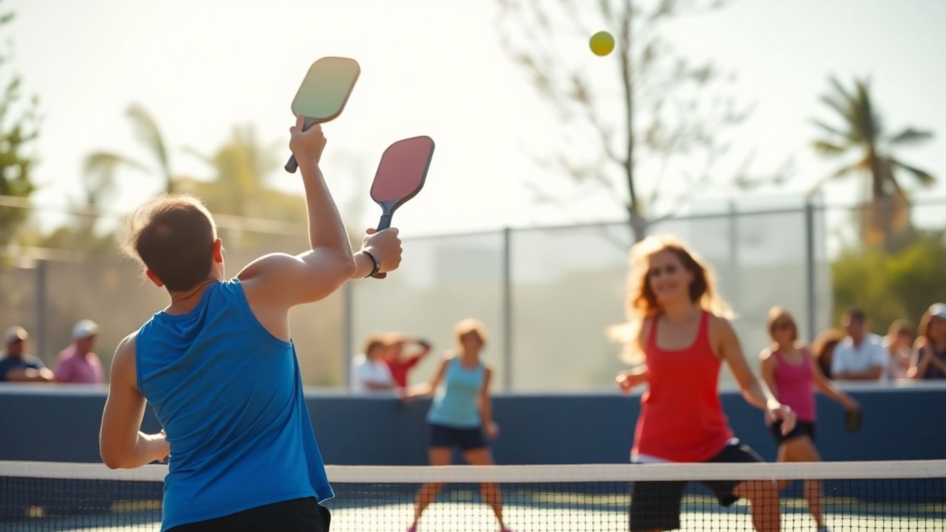 Pickleball players in motion on a sunny court.