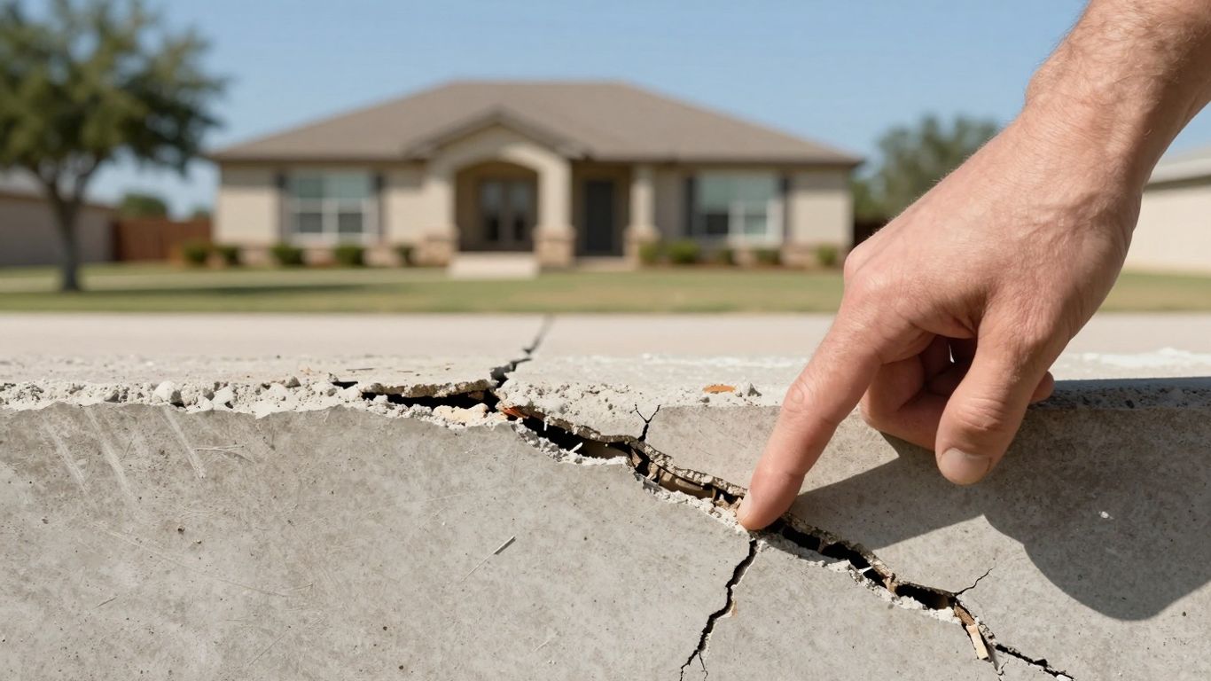Cracked foundation with pointing hand and Texas house.
