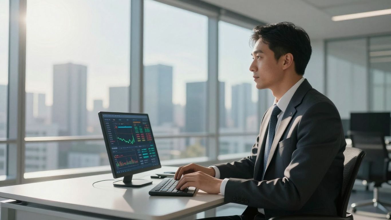 Broker in office with financial cityscape background.