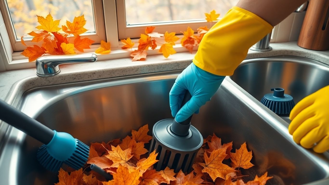 Hands using plunger in sink with autumn leaves