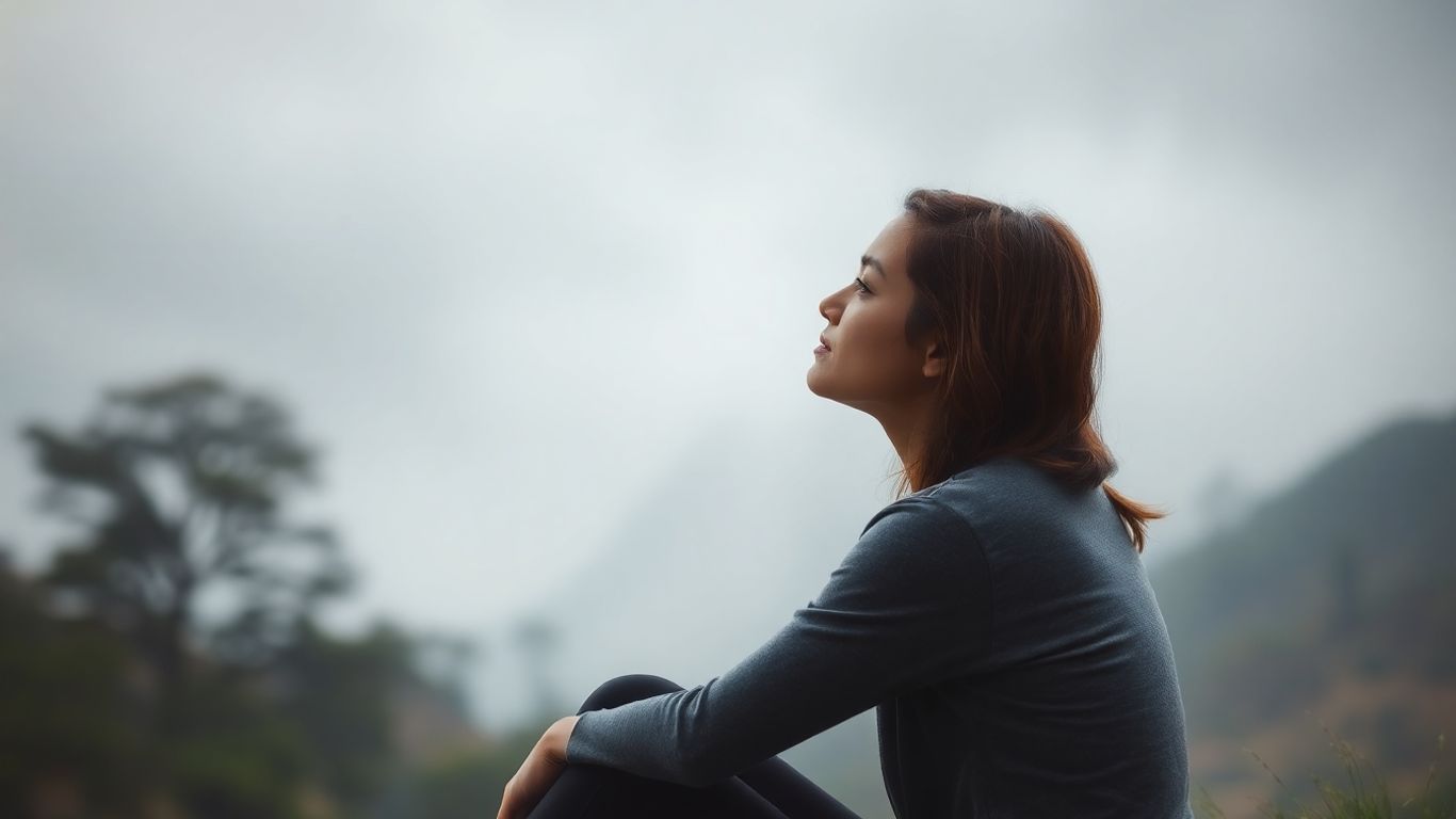 Nachdenkliche Person in nebliger Landschaft