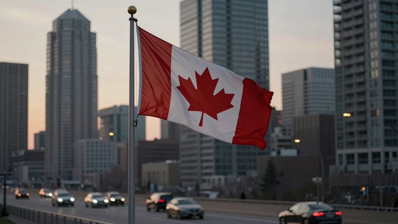 Canadian flag and cityscape with cars on highway.