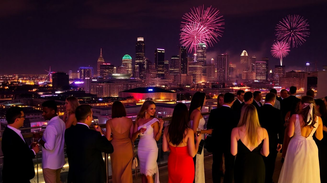 Dallas skyline with fireworks and rooftop party.