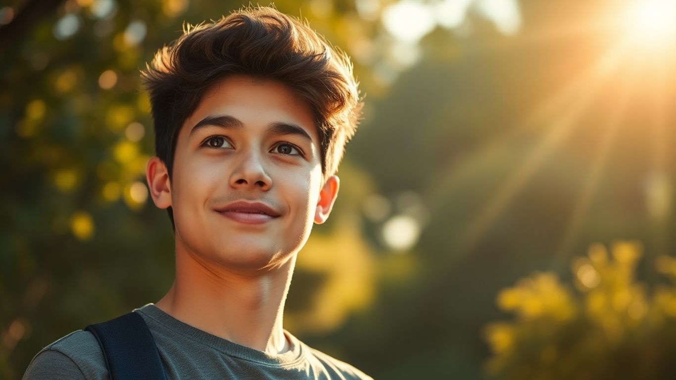 Jovem olhando para o futuro com esperança e sucesso financeiro.