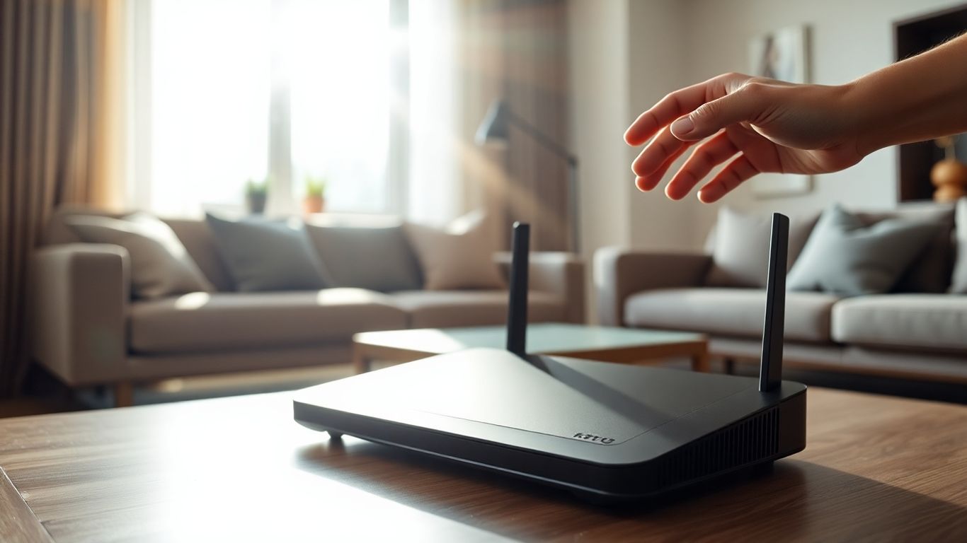 Roteador de banda larga em sala de estar moderna com luz solar.