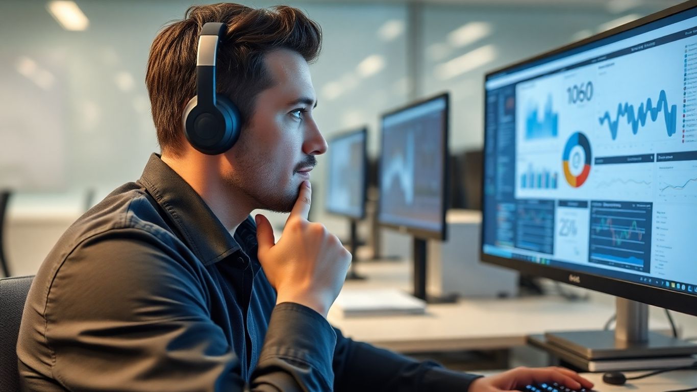 Professional looking at data, opportunity in low call volume.