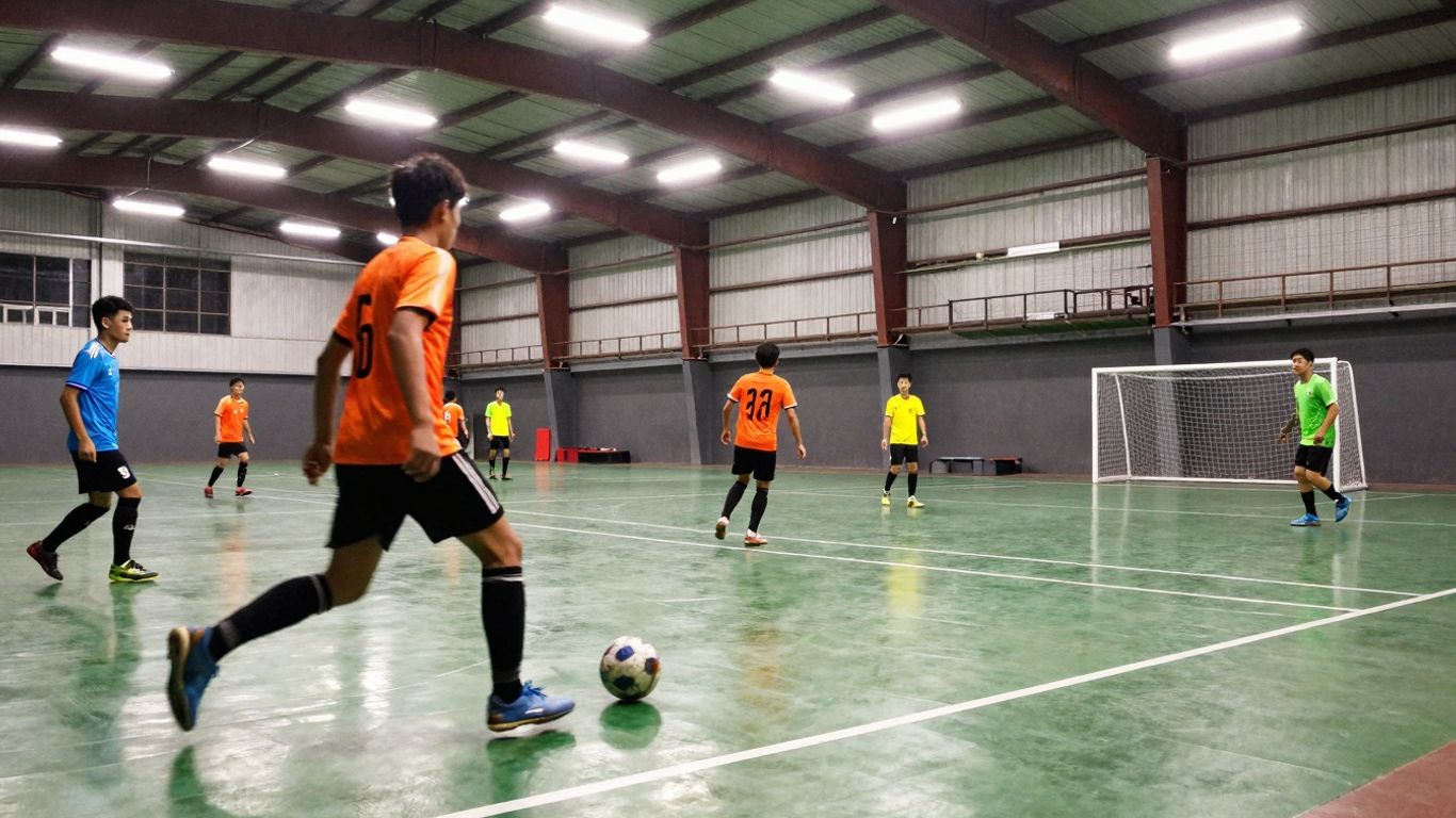 Indoor soccer pitch with players in action.