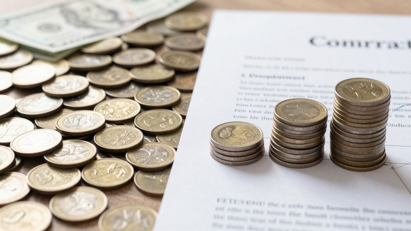 Coins and contract document indicating financial planning.