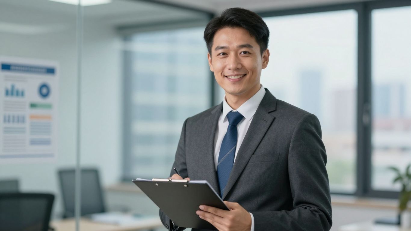 Insurance agent with clipboard in office