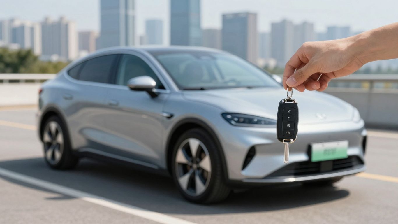 Carro econômico em estrada ensolarada com chave na mão.