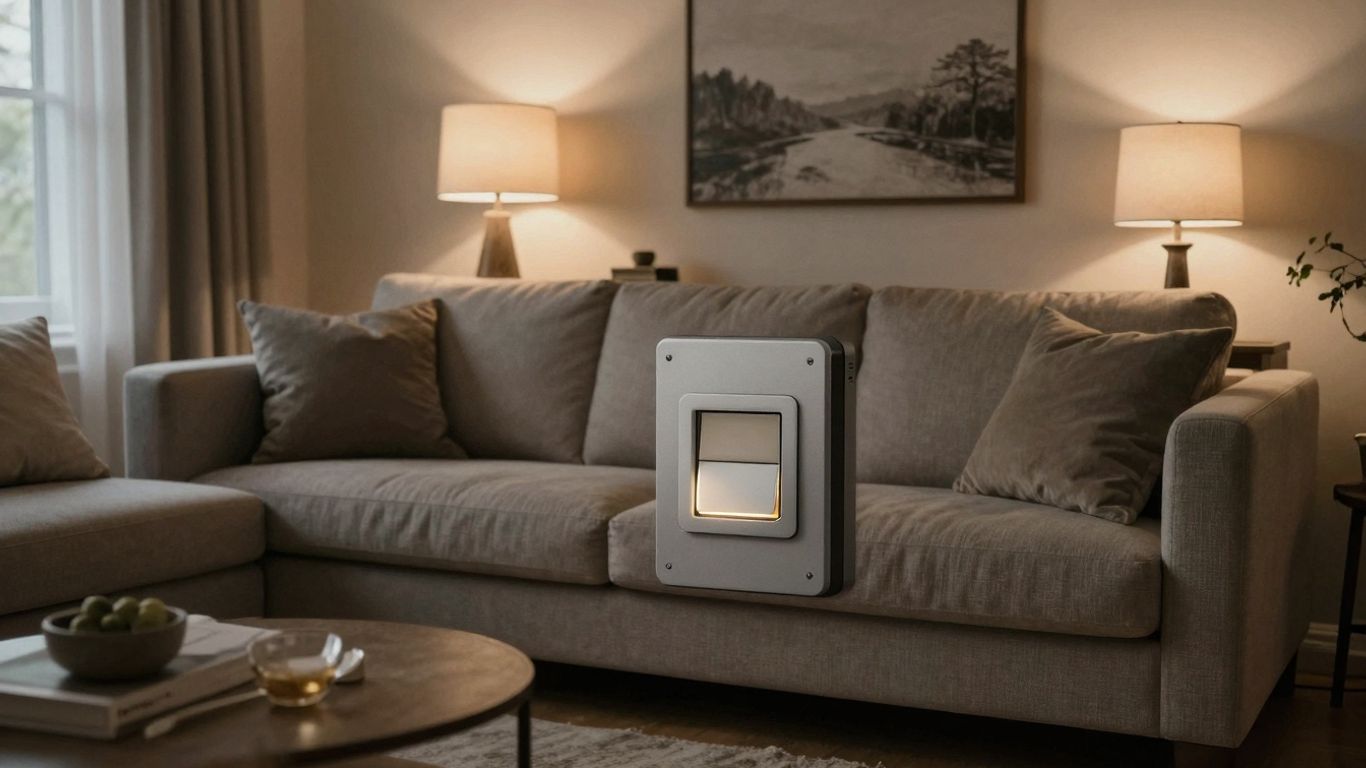 Living room with adjustable warm lighting from lamps.