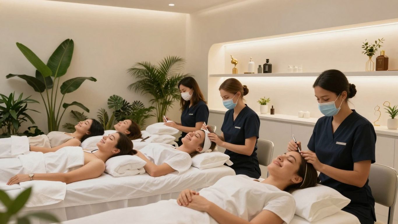 Modern medspa interior with happy clients and aestheticians.