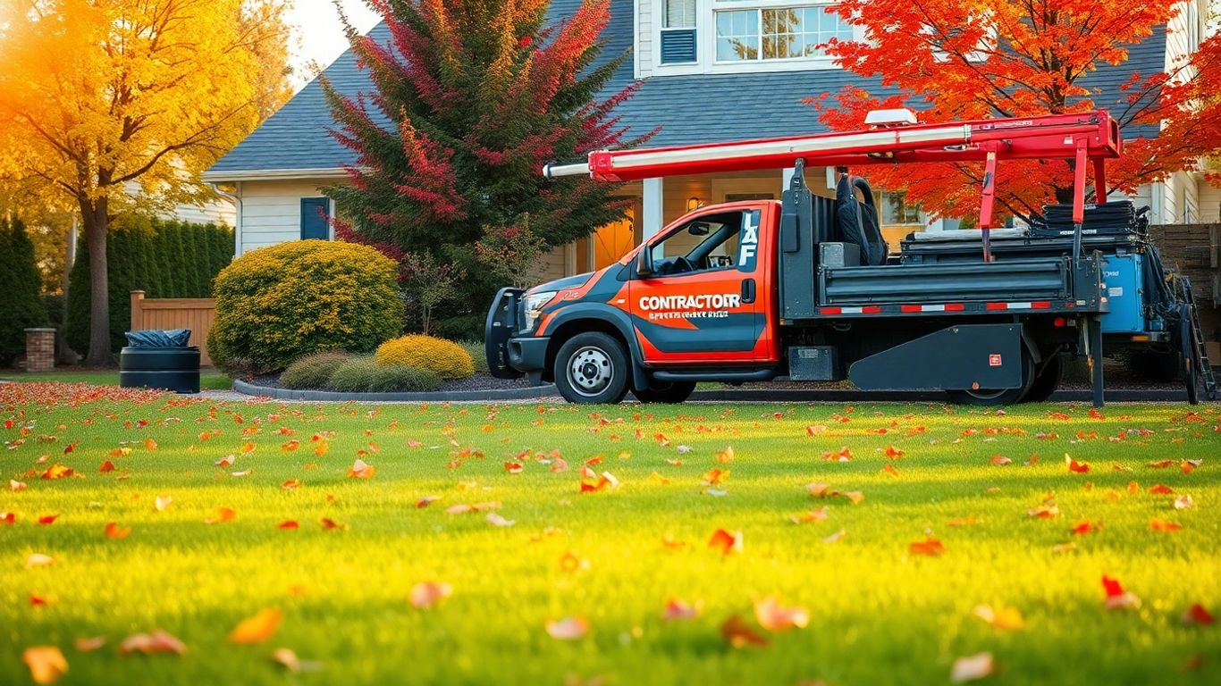 Contractor truck autumn leaves house fall season