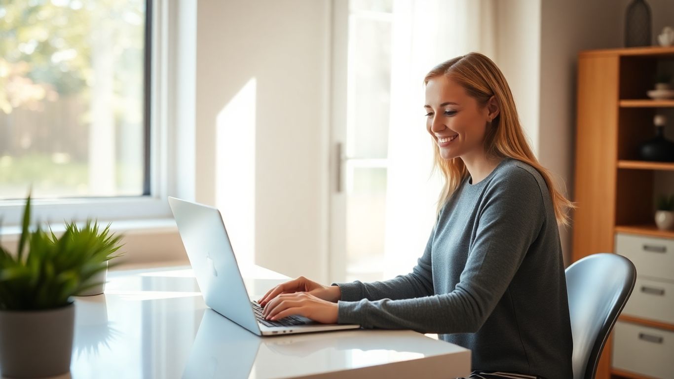 Woman working on laptop at home desk