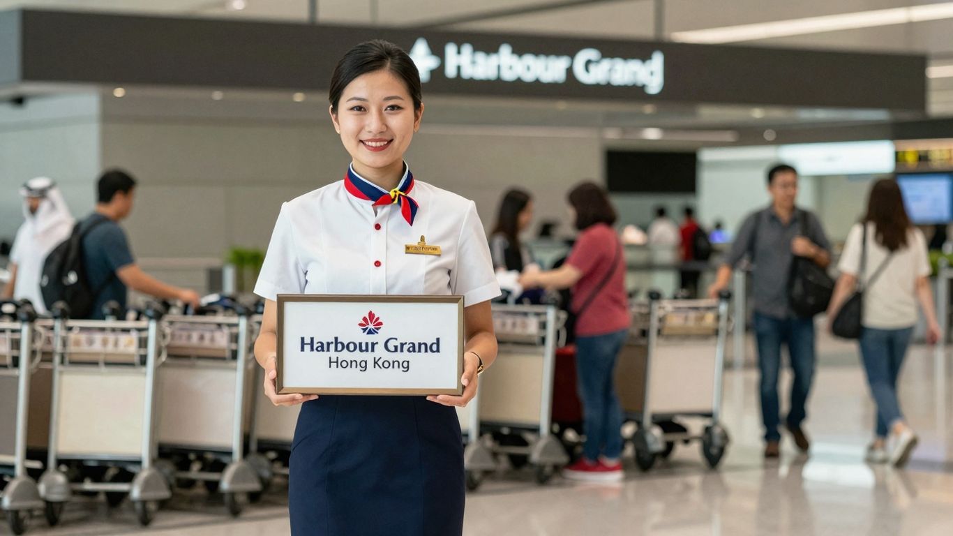 Hotel staff holding Harbour Grand Hong Kong sign at airport.