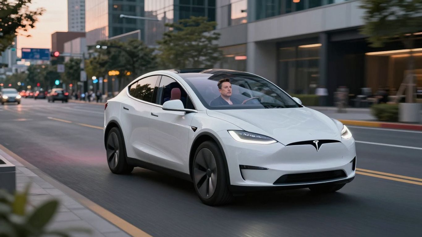 Tesla robotaxi with Musk driving autonomously.
