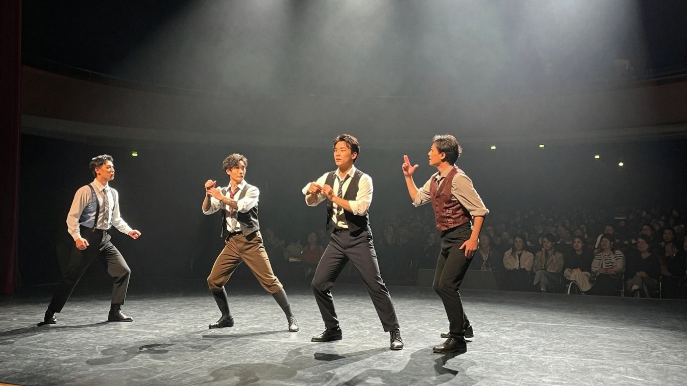 Actori pe scena teatrului sub lumina reflectoarelor.