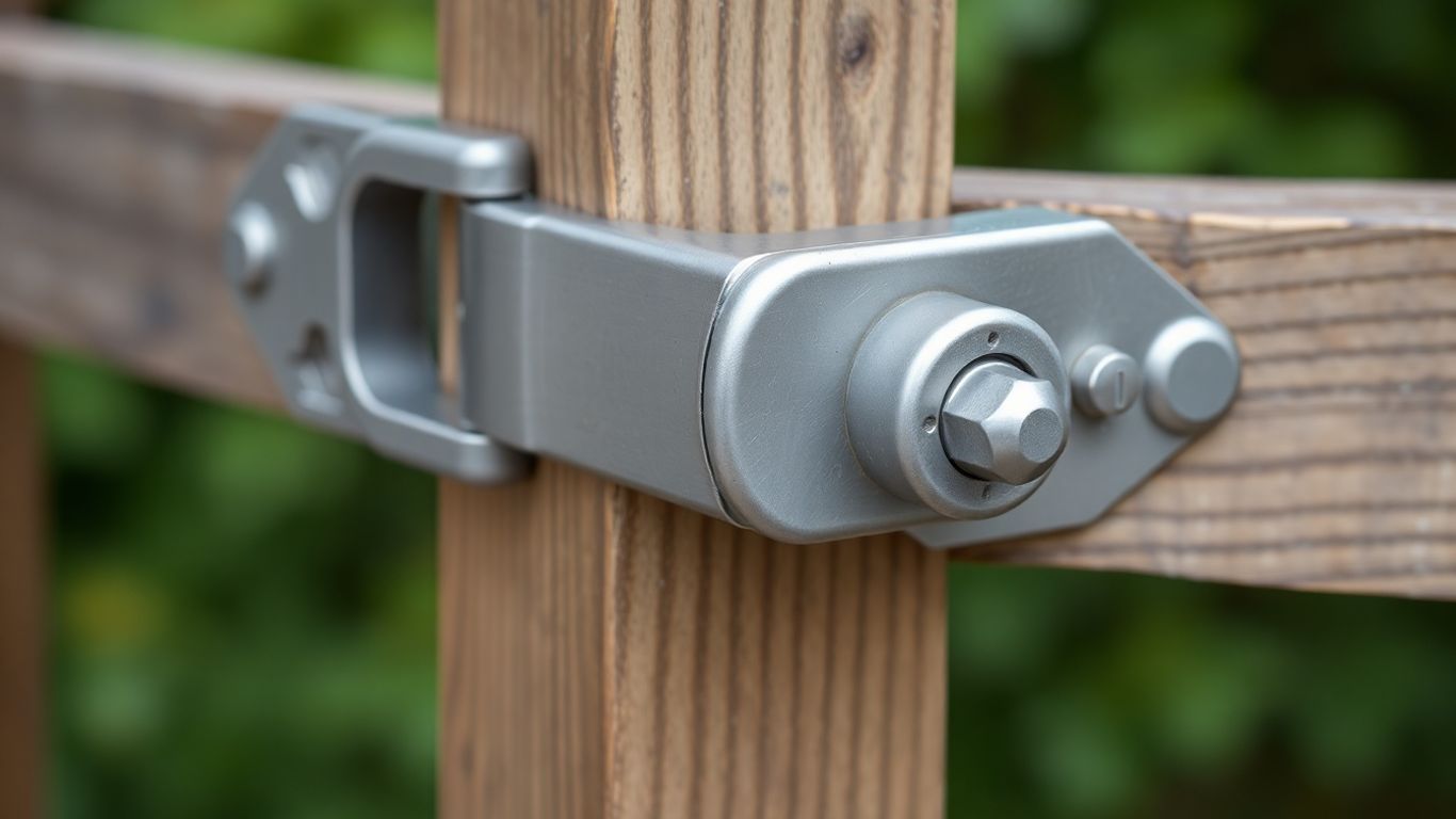 Lockable gate latch on a wooden post.